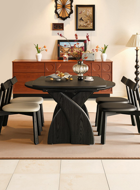 黑色复古风实木岩板伸缩餐桌可变圆桌家用小户型折叠美式中古饭桌