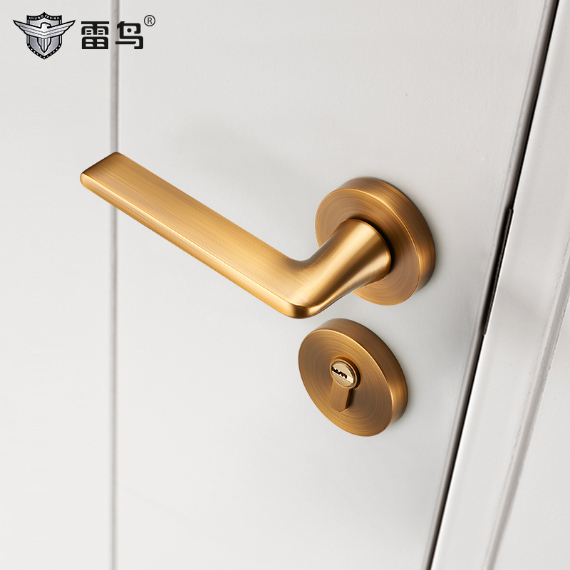 雷鸟卧室房门锁黄古铜色美式门锁室内静音复古房间分体门锁具套餐