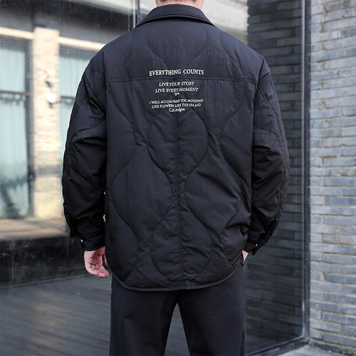 冬季美式休闲高级感痞帅黑色轻薄款羽绒服男宽松大码保暖翻领外套