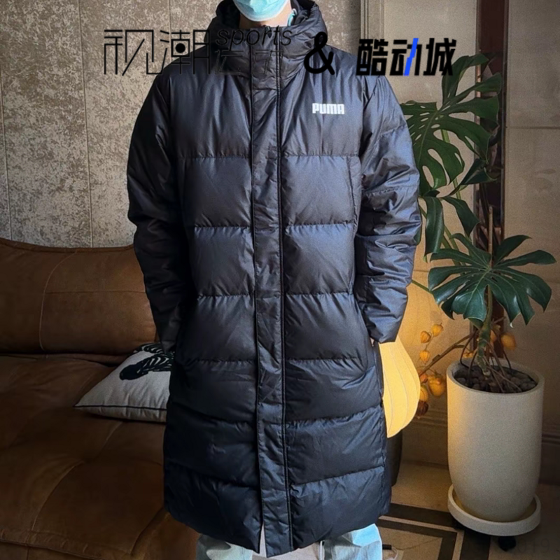 彪马黑色连帽羽绒服长款休闲外套
