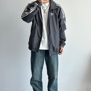 Adidas阿迪达斯 深灰男女运动休闲侧边条纹立领夹克外套JI7533