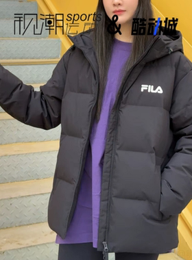 FILA斐乐黑色男女经典百搭连帽保暖运动休闲羽绒服F51U549904FBK