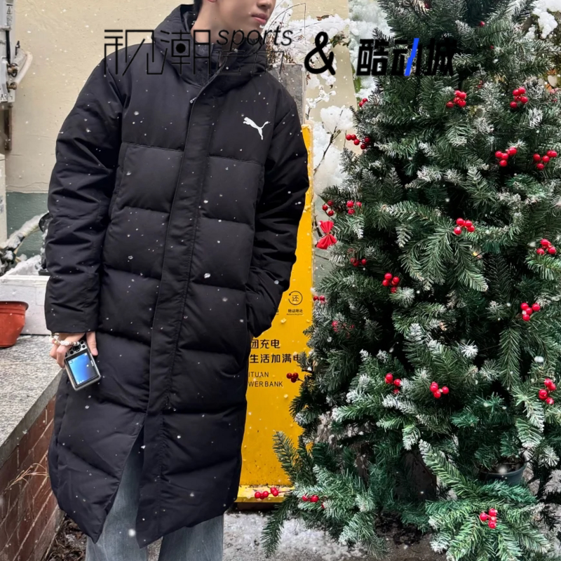Puma彪马黑色男女宽松连帽防风保暖运动休闲长款羽绒服686185-01