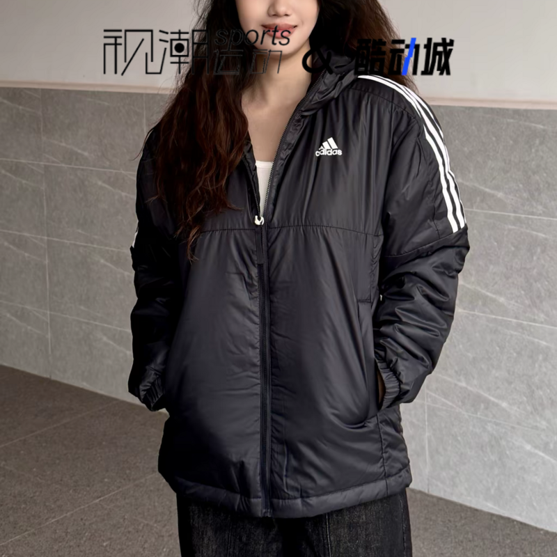 阿迪达斯黑色连帽夹克棉服外套