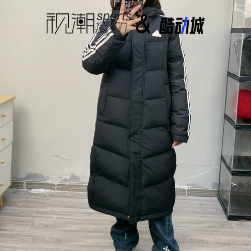 阿迪达斯黑色经典条纹羽绒服长款