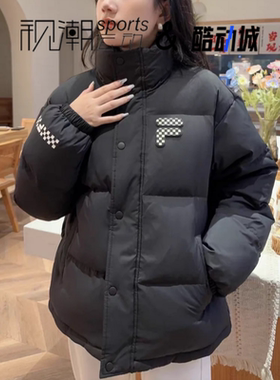 FILA斐乐黑色男女宽松立领保暖运动休闲面包羽绒服T11U343904F-BK