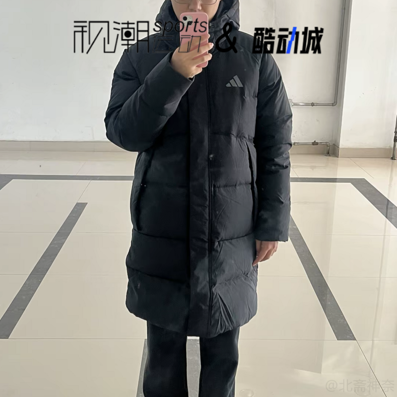 阿迪达斯黑色连帽中长款羽绒服