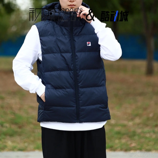 FILA斐乐宝蓝男纯色连帽保暖运动休闲羽绒马甲外套A51M543901FNV