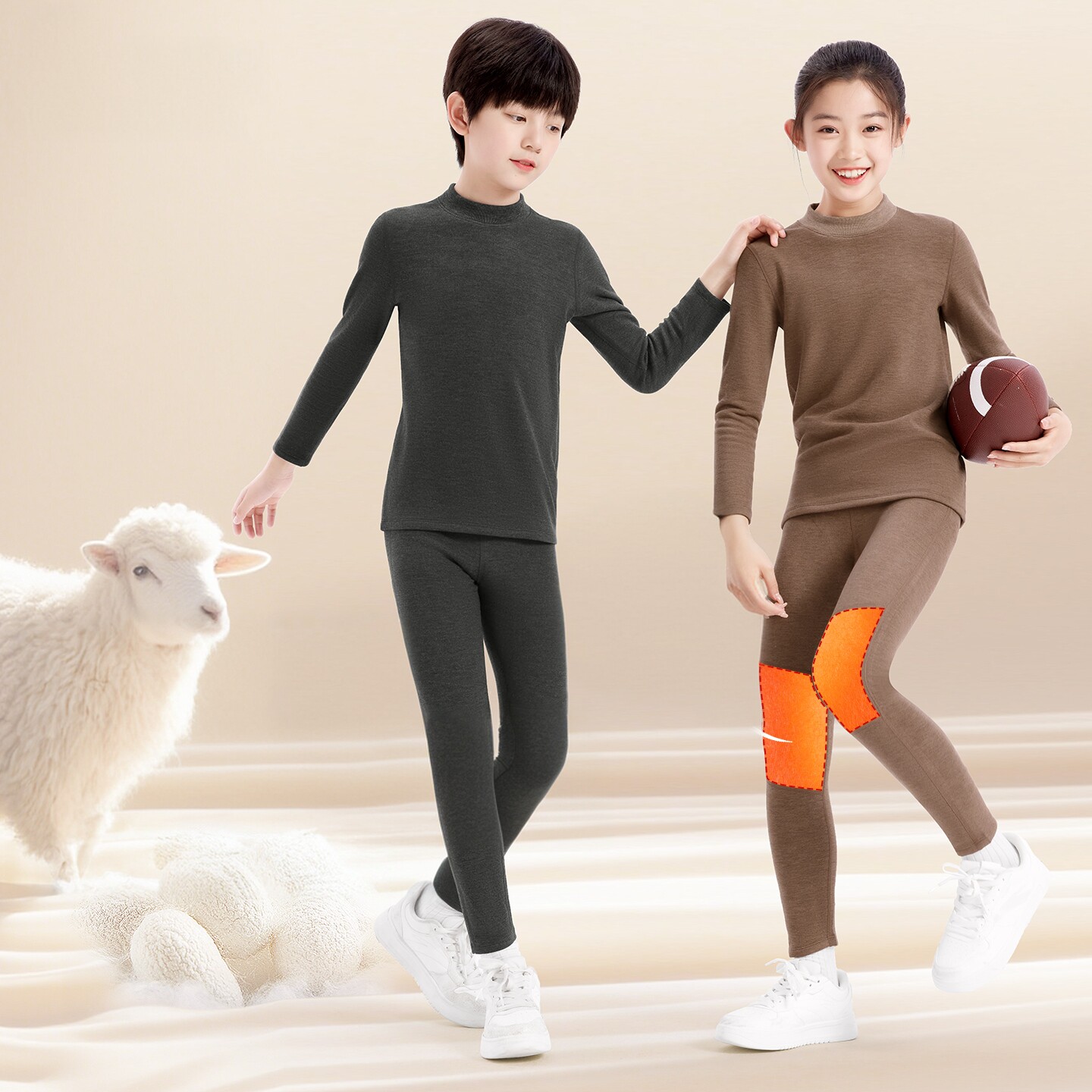 久岁伴儿童秋衣秋裤男女童秋冬双层护膝含羊毛青少年保暖内衣套装