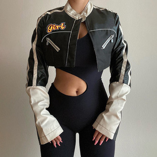 美式辣妹潮人机车风拼接短款皮衣外套女ins风时尚撞色短棒球服女
