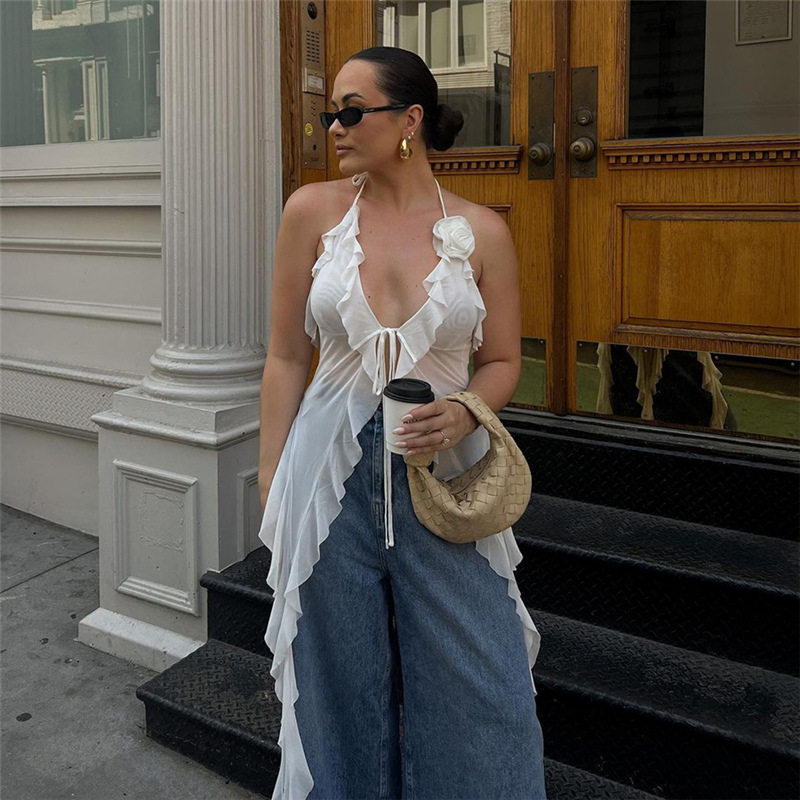 wildgirl春夏季时尚潮流女装新款挂脖露背绑带纱网修身吊带小背心