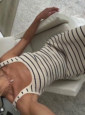 wildgirl条纹背心撞色沙滩度假风性感长裙针织坑条长款连衣裙夏女