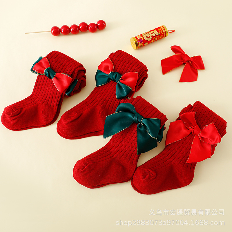 喜庆红高腰女童打底裤