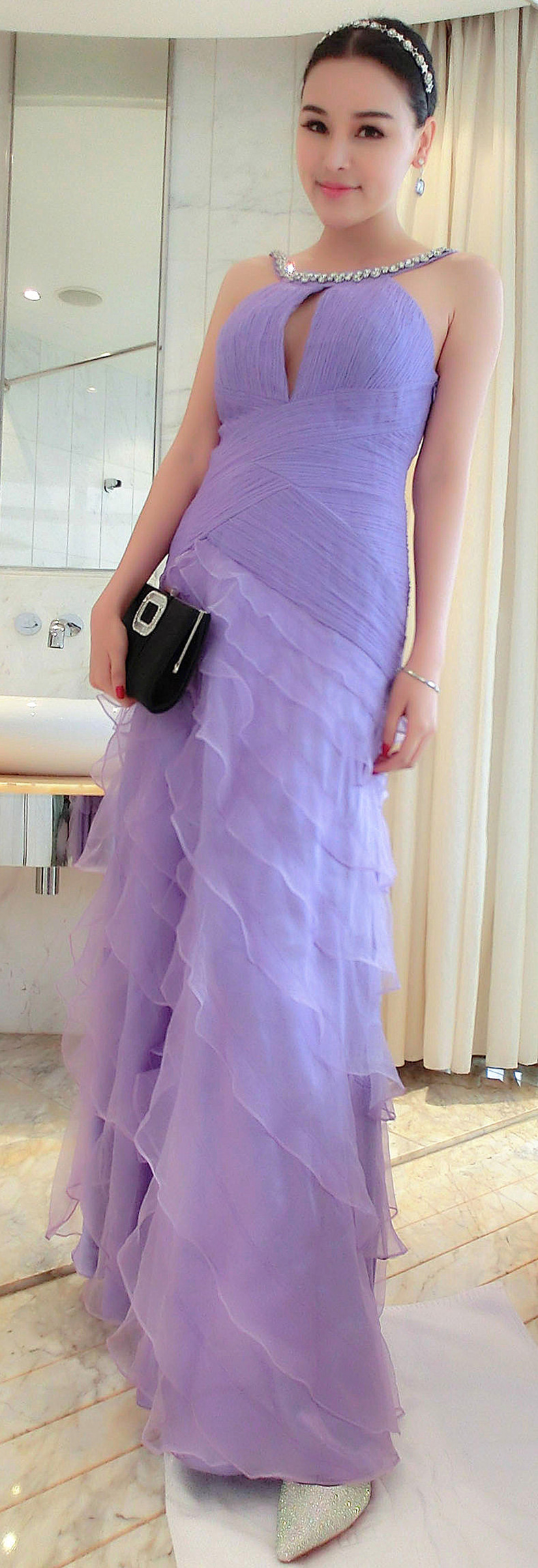 新款化纤雪纺长款性感开胸露背连衣裙 生日派对新娘伴娘晚礼服裙