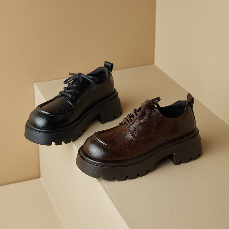 英伦风复古高跟小皮鞋女202夏季小个子单鞋系带厚底真皮乐福鞋