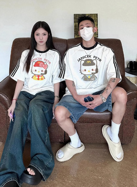 2025年夏季新款爆款情侣趣味可爱卡通印花圆领三条杠男女短袖T恤