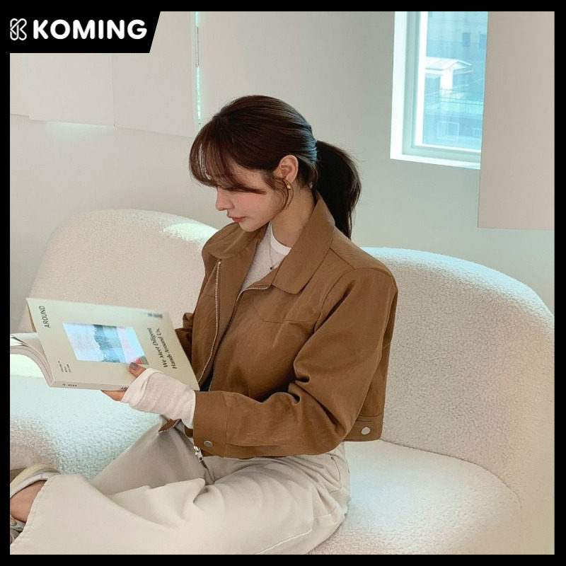 女款官方ins新款百搭THERE SHE IS翻领拉链夹克外套驼色