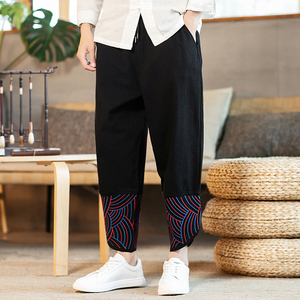 汉服风棉麻刺绣九分裤宽松常规休闲大码裤男QT4029