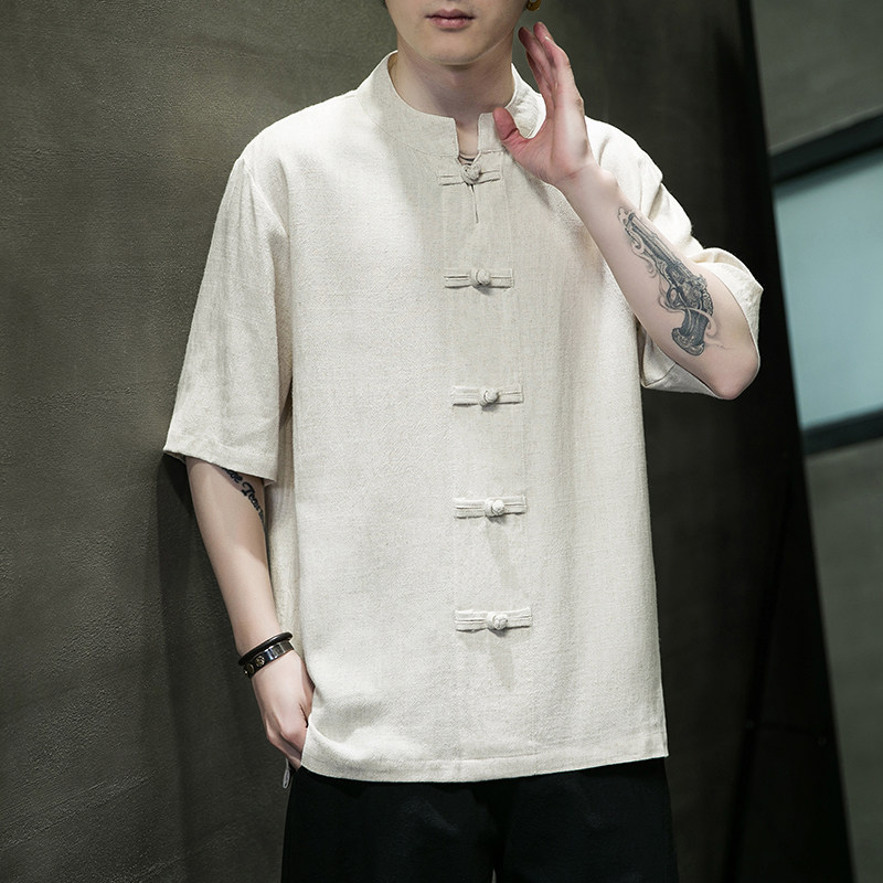 中式棉麻盘扣开叉复古大码民族风T恤短袖MT2306-P55，男装T恤，电商A021