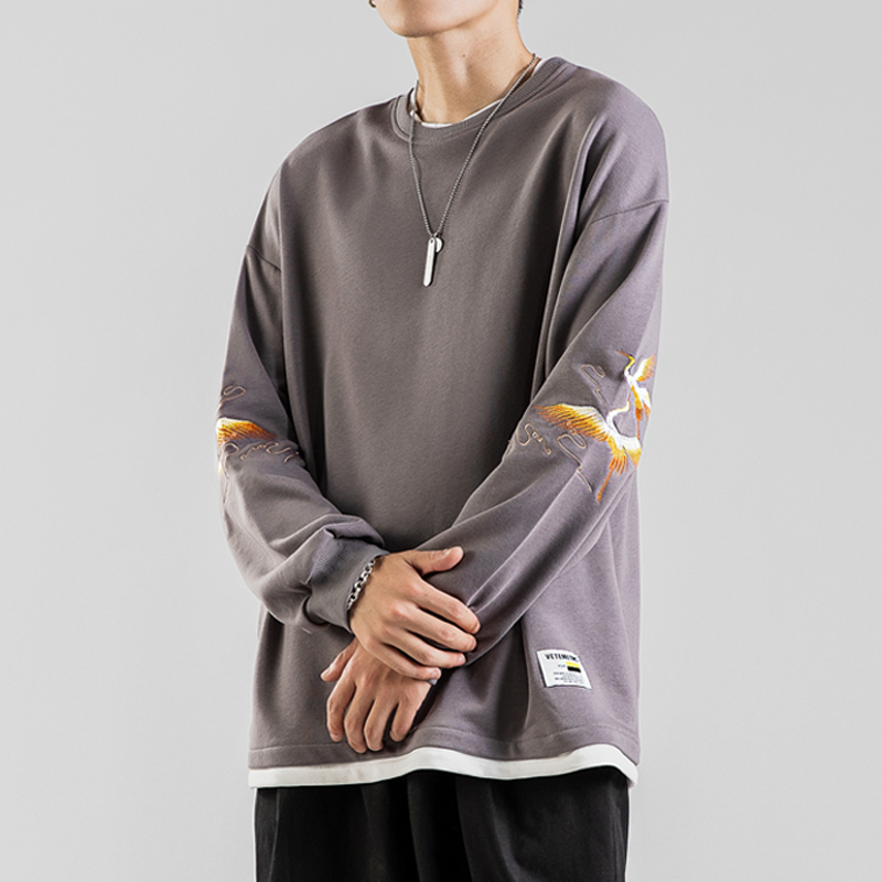 2021现货男士套头大码圆领假两件卫衣仙鹤潮QT4029-W01,男装卫衣,电商A021