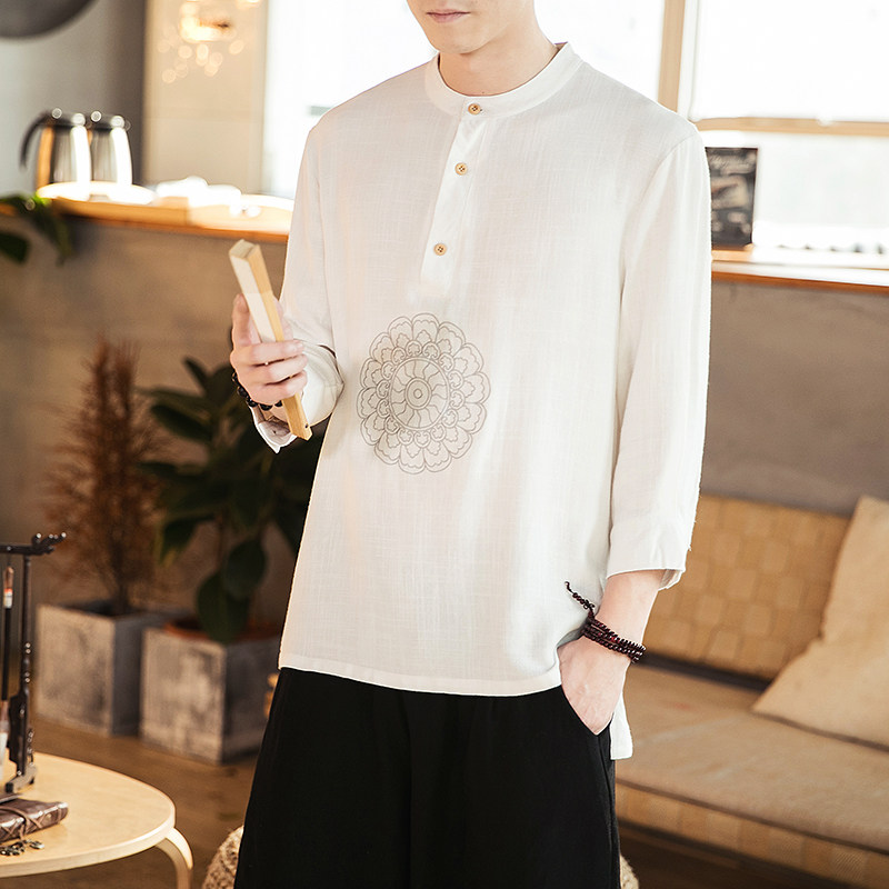 2021男士复精美绣花立领七分袖衬衫男QT4029-Z1901,男装衬衫,电商A021