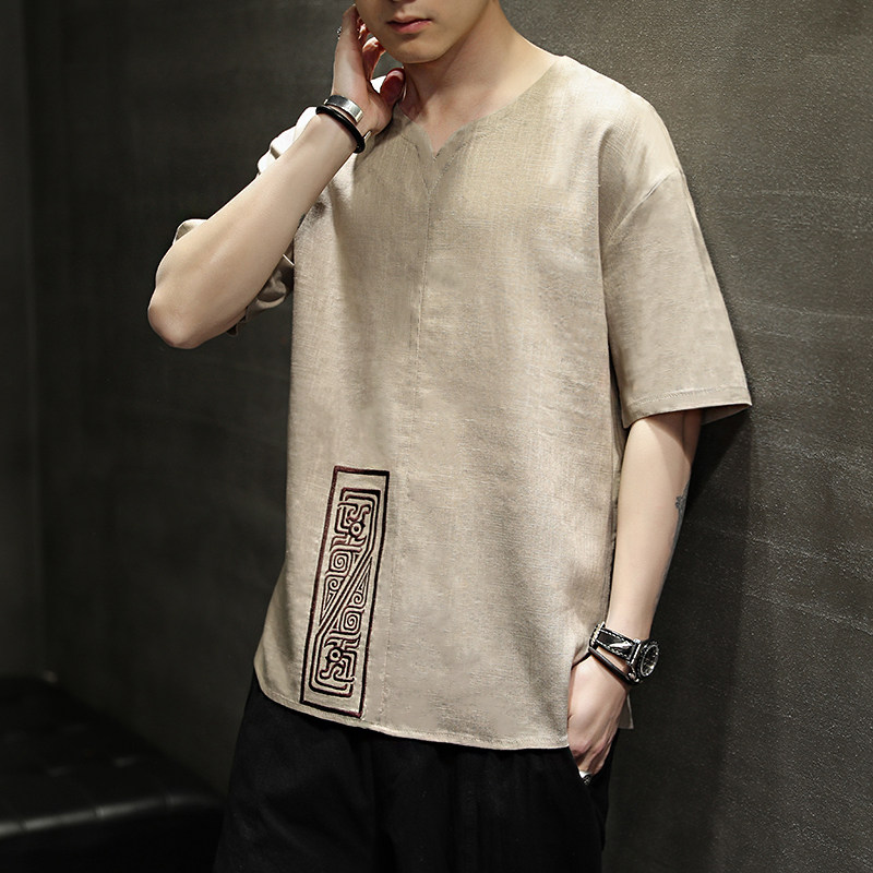 现货2021夏季男士大码刺绣短袖宽松大码休闲复古汉服T恤男T2103,男装T恤,电商A021