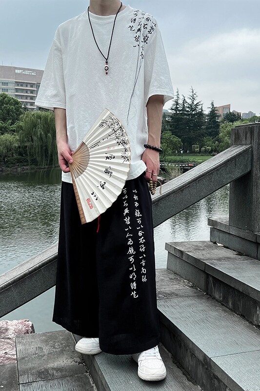 2026夏季男士新款新中式刺绣文字黑白圆领T恤A021-T062-P35控58,男装T恤,电商A021