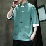 高品质风复古盘扣服开衫翻袖撞色七分袖汉服男MT2310-P65，男装民族服装，电商A021
