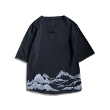 夏季常规新款风棉麻山水画刺绣复古盘扣T恤QT4029-T2155，男装T恤，电商A021