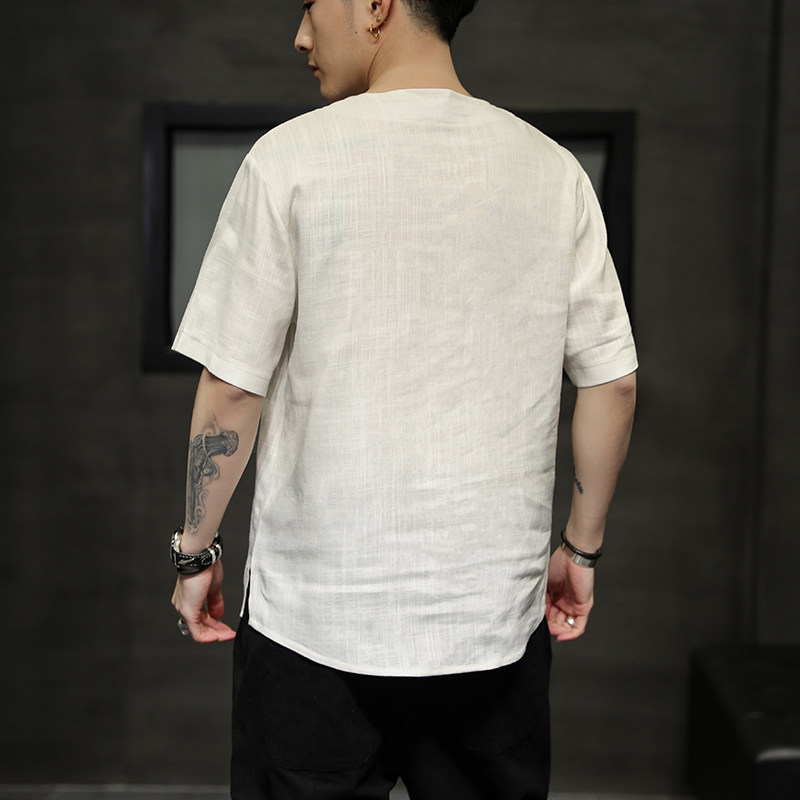 夏季风亚麻宽松休闲大码透气仙鹤刺绣T恤男QT429-2105,男装T恤,电商A021