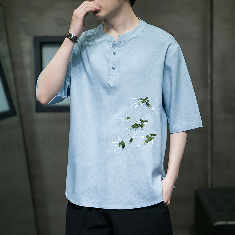 风新款复古盘扣棉麻复古盘扣刺绣休闲短袖T恤MT2309-P55图片