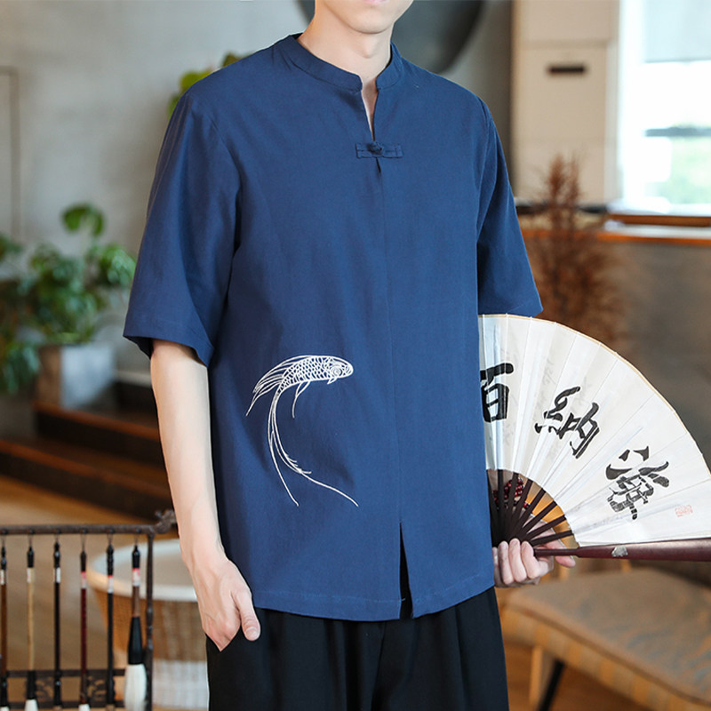 风夏季团购复古盘扣刺绣亚麻半袖大码T恤男QT4029-T2026,男装T恤,电商A021