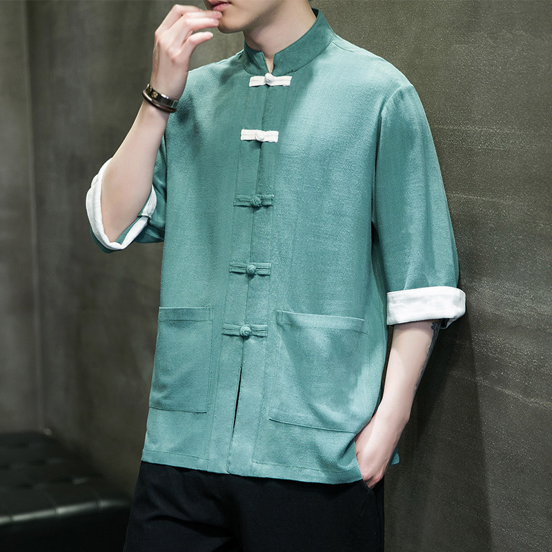 现货~风棉麻复古盘扣茶服开衫翻袖撞色七分袖男MT2310-P65,男装卫衣,电商A021