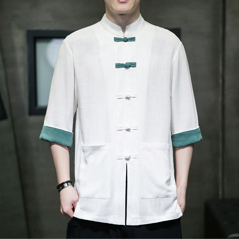 现货新中式风复古盘扣服开衫翻袖七分袖汉服男立领MT2310-P65，男装民族服装，电商A021