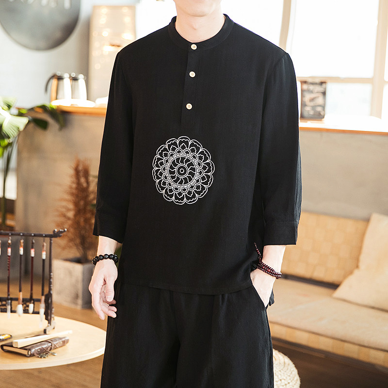 2021男士复精美绣花立领七分袖衬衫男QT4029-Z1901图片