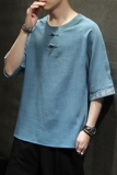 风夏季棉麻复古盘扣刺绣五分袖宽松大码T恤QT4029-T2152，男装T恤，电商A021
