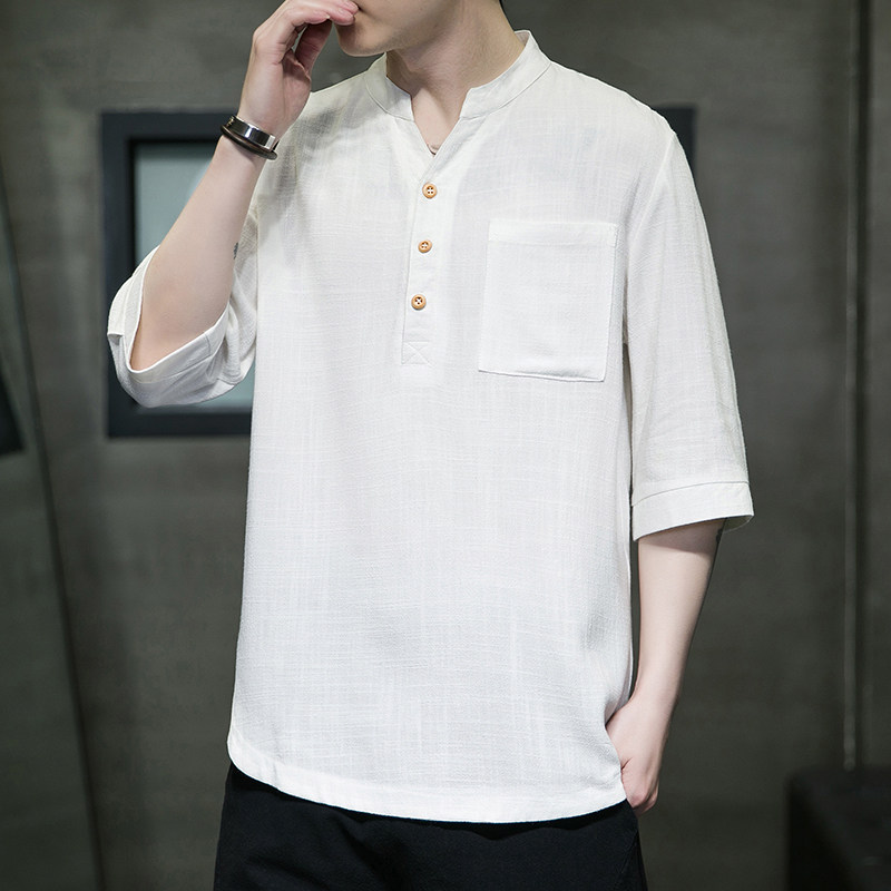 新中式风亚民族风棉麻T恤五分袖休闲T恤半袖汉服MT2301-P45，男装T恤，电商A021