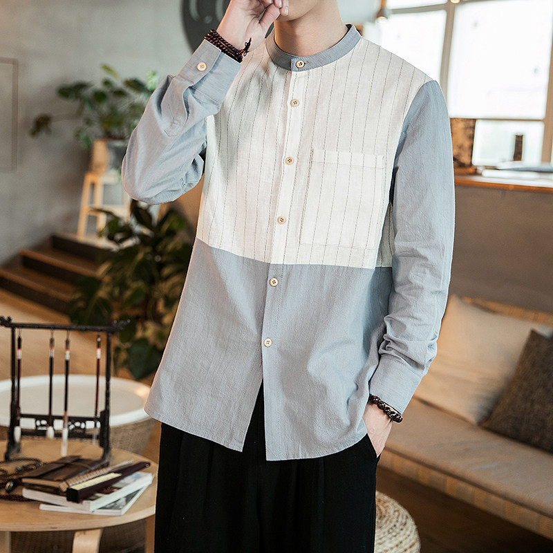 风立领男士休闲衬衫棉麻盘扣男QT4029-CS15图片