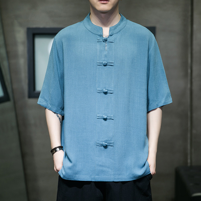 品质棉麻纯色新款风盘扣开叉复古大码民族风T恤MT2306-P55，男装T恤，电商A021