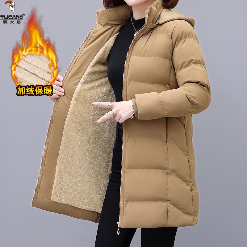 啄木鸟棉服女冬季中长款加绒加厚棉袄外套大码中年妈妈时尚休闲潮