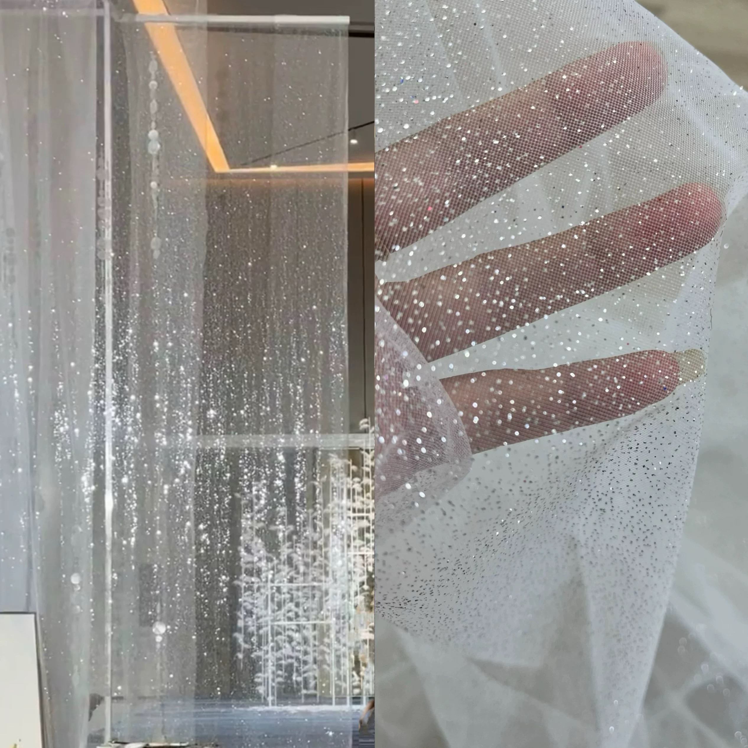 白色细闪银粉闪闪亮亮透明网纱背景布置婚纱礼服面料
