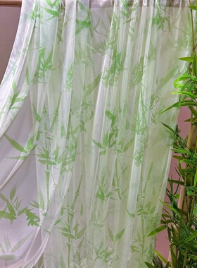 新中式绿色竹子叶纱幔半透国风吊顶布幼儿园环创装饰汉服古风面料