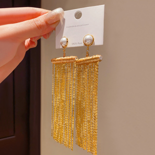 设计师款 珍珠流苏耳环女高级感轻奢气质夸张重工耳坠耳饰 金色长款