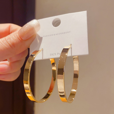 简约设计感宽边圆圈圈耳圈大耳环女925银针高级气质时尚百搭耳饰