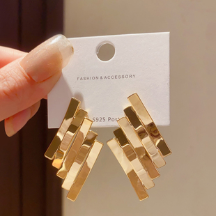 欧美夸张18K金色几何条纹大耳环女复古冷淡风设计感耳钉气质耳饰