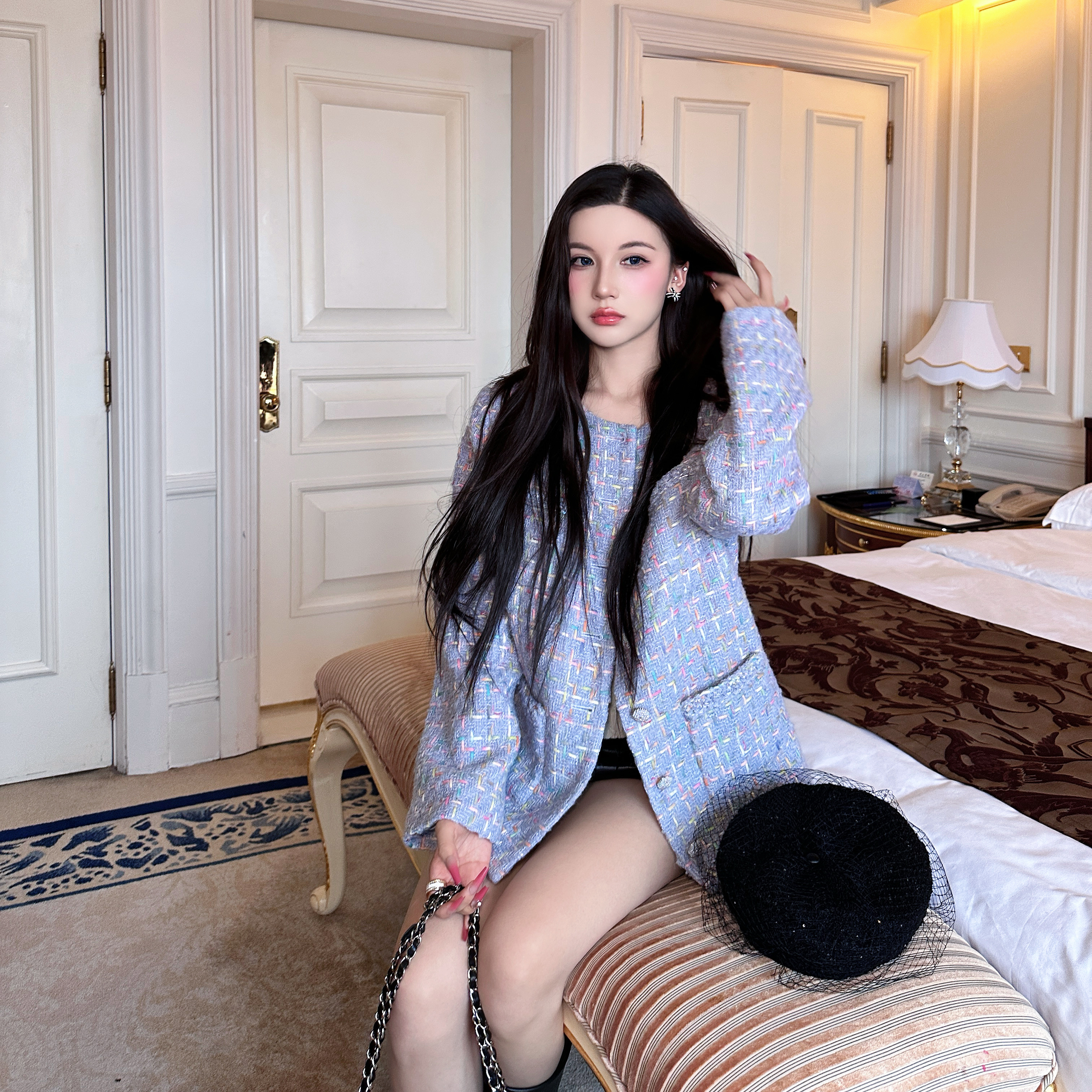 Mystical Beauty 小香淡紫色重工彩色编织外套女