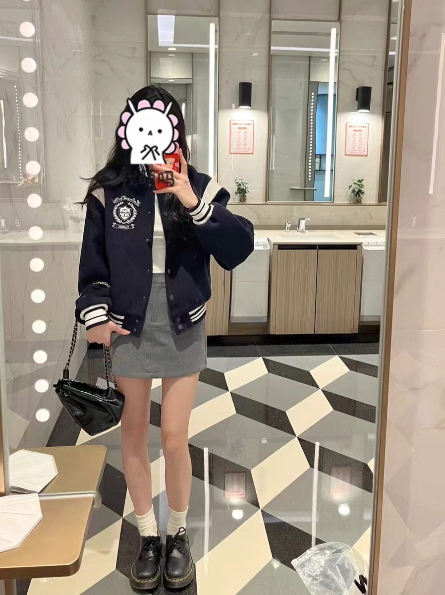 美式复古藏青色棒球服外套女春秋秋冬刺绣拼接飞行员夹克工装开衫