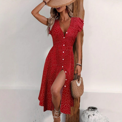 夏季欧美波点V领短袖连衣裙女