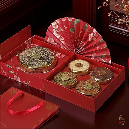 锦上添花双圆礼盒虫草石斛五拼八拼滋补品红色橙色通用包装盒空盒