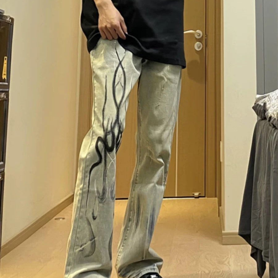 美式vibe复古火焰印花牛仔裤男潮牌高街水洗做旧显瘦微喇叭长裤子
